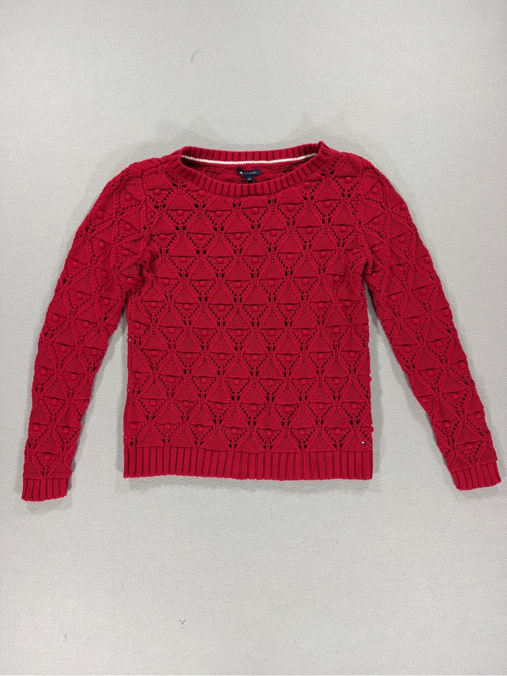Tommy Hilfiger Open Knit Pointelle Crewneck Sweater Womens Large Red Cotton